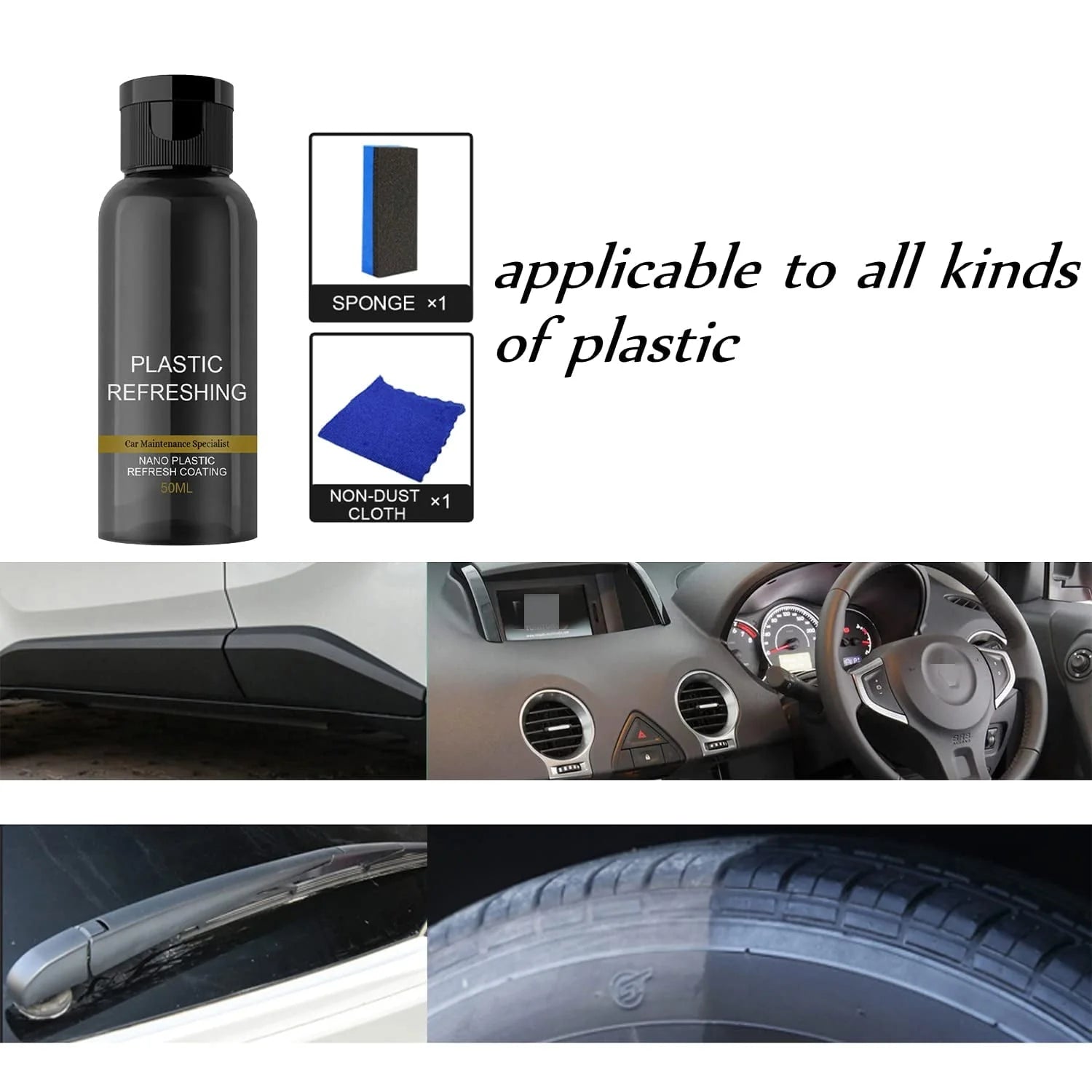 Car Cleaning Kit Plastic Revitalizing Coating Agent, Nano Plastic Refreshing Coating, Plastic Parts Refurbish Agent for Car - Car Care Tools with Sponge and Towel (30ml*2pcs)