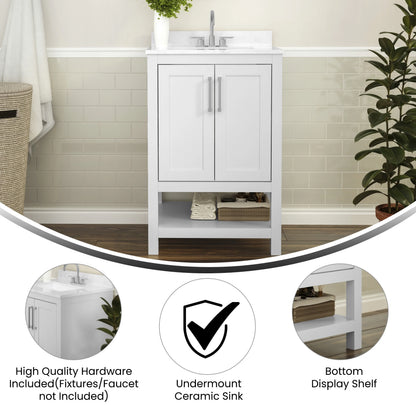 BizChair 24 Inch Bathroom Vanity with Sink Combo, Storage Cabinet with Soft Close Doors and Open Shelf, Carrara Marble Finish Countertop, White/White