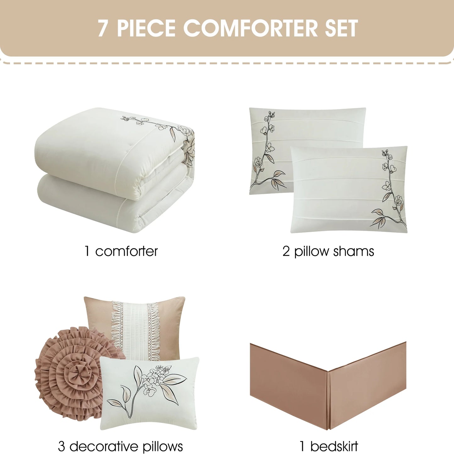 Lanco Blush Floral Queen Comforter Set, 7 Piece, Microfiber Pleating & Embroidery Bedding Sets & Collections