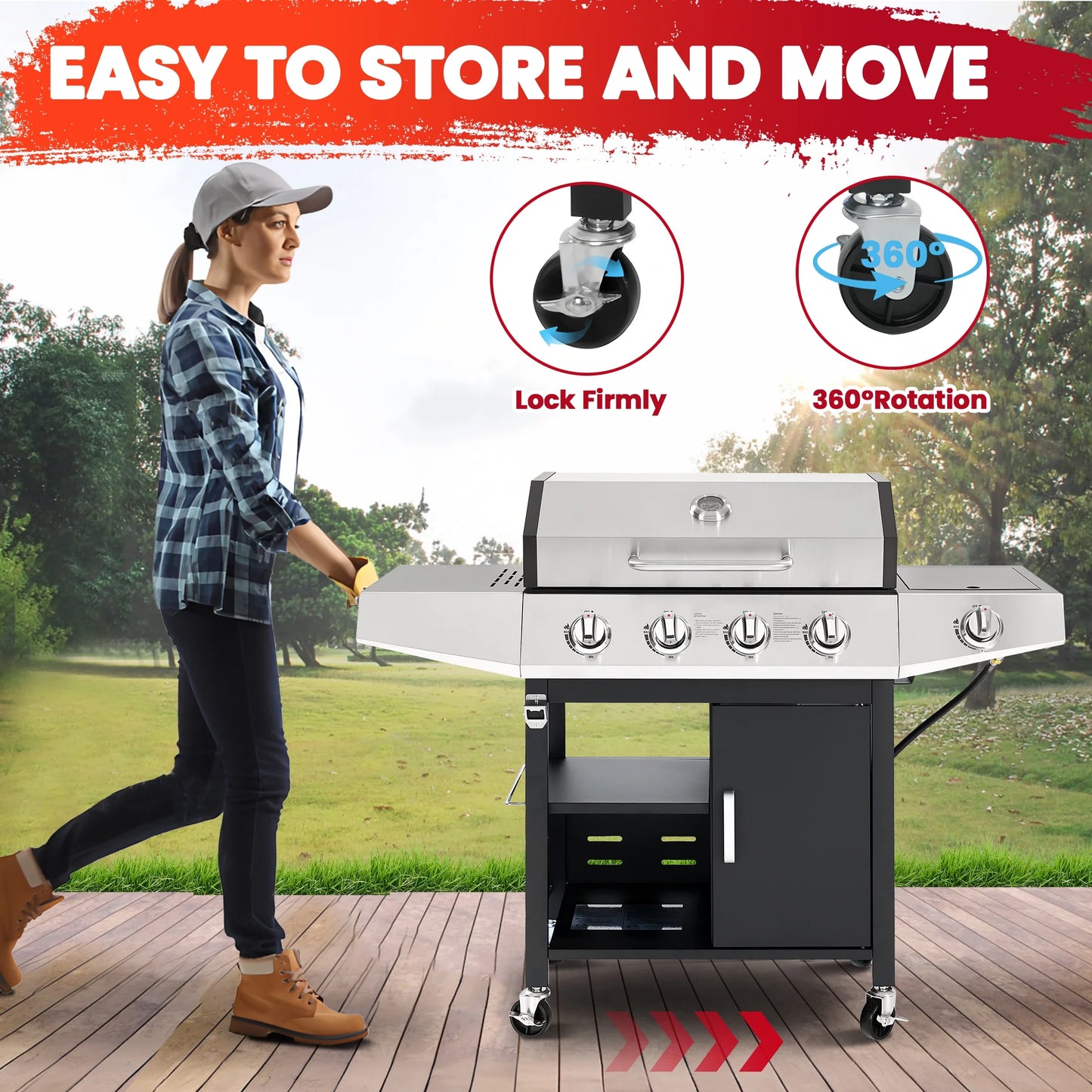 4-Burner BBQ Grill W/Side Burner, 50,000BTU Gas Propane Grill Portable with Storage Cabinet, Heavy-Duty Stainless Steel Outdoor Cooking, with Tank Hook, Towel Rack, Steel Brush
