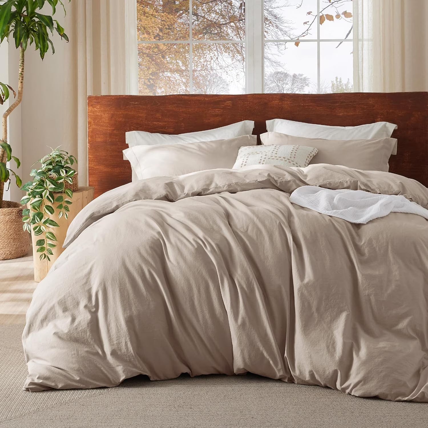 100% Washed Cotton Duvet Cover Queen Size - Warm Sand Minimalist Duvet Cover Linen Like for All Seasons - GentleSoft Plain Simple Bedding