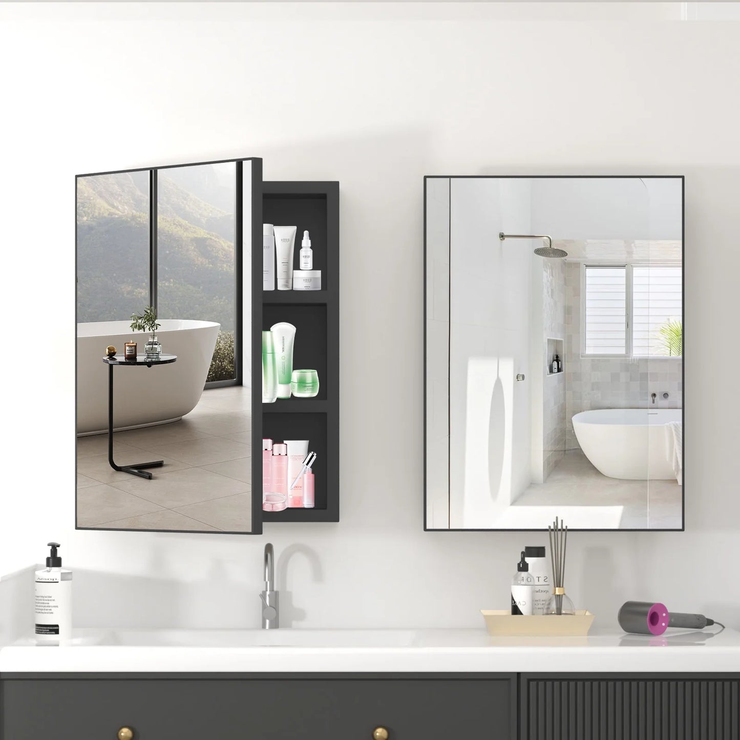 Ciumeeo Bathroom Wall Cabinet Single Door Wall Mount Storage Medicine Cabinet with Mirror and Hidden Shelves Black