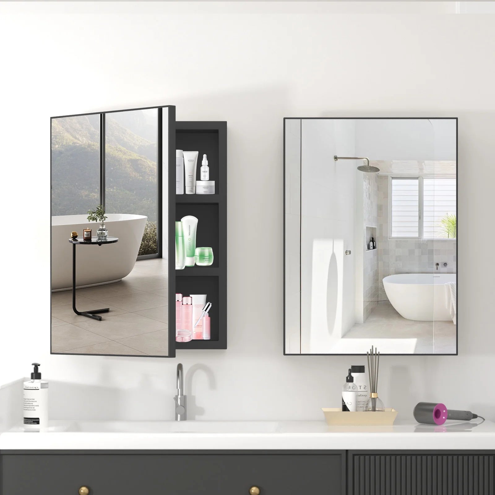 Ciumeeo Bathroom Wall Cabinet Single Door Wall Mount Storage Medicine Cabinet with Mirror and Hidden Shelves Black