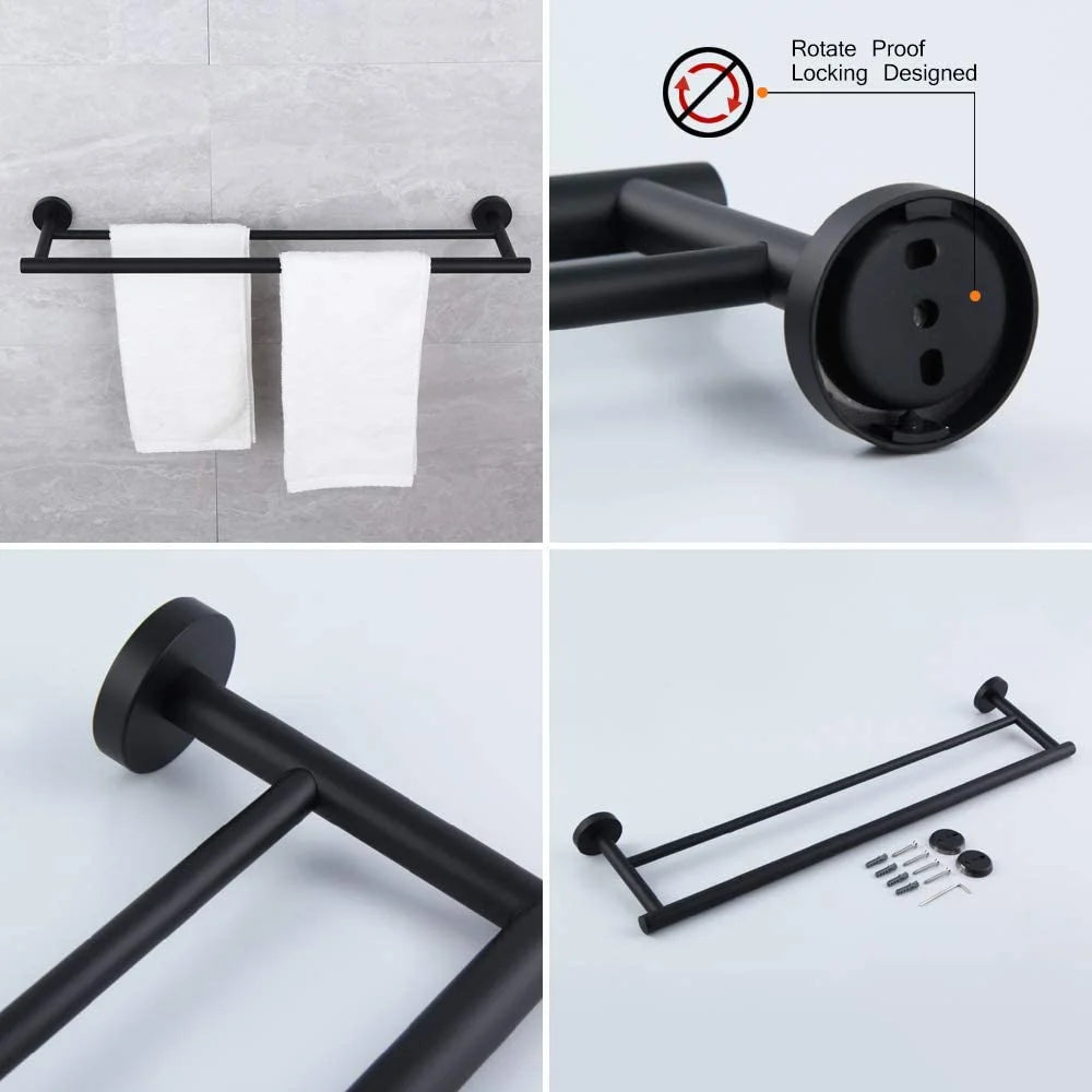 Matte Black Bathroom Accessories Kit 5-Pieces Bathroom Hardware Set Wall Mounted - Includes 24" Double Towel Bar, 12" Hand Towel Bar, Toilet Paper Holder, 2X Robe Towel Hooks ...