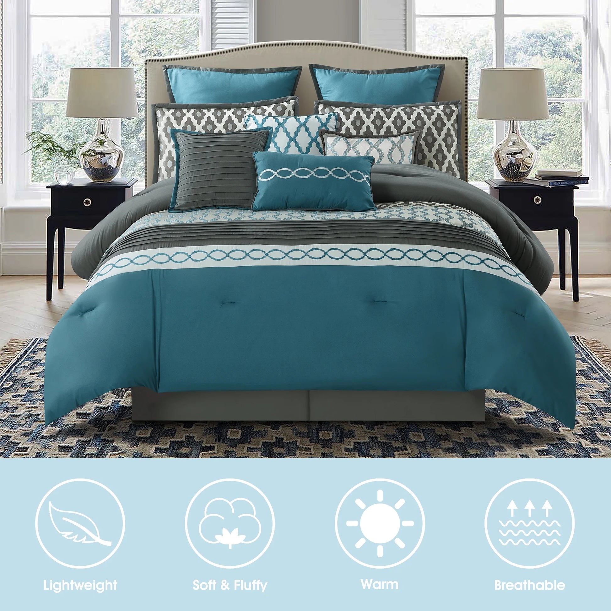 Lanco Geometirc Queen Blue Comforter Set, 12 Piece, Jacquard Bedding Comforters & Sets, Bedskirt, Pillows, Euro Shams & Curtains, Ultra-Soft