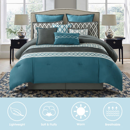Lanco Geometirc Queen Blue Comforter Set, 12 Piece, Jacquard Bedding Comforters & Sets, Bedskirt, Pillows, Euro Shams & Curtains, Ultra-Soft