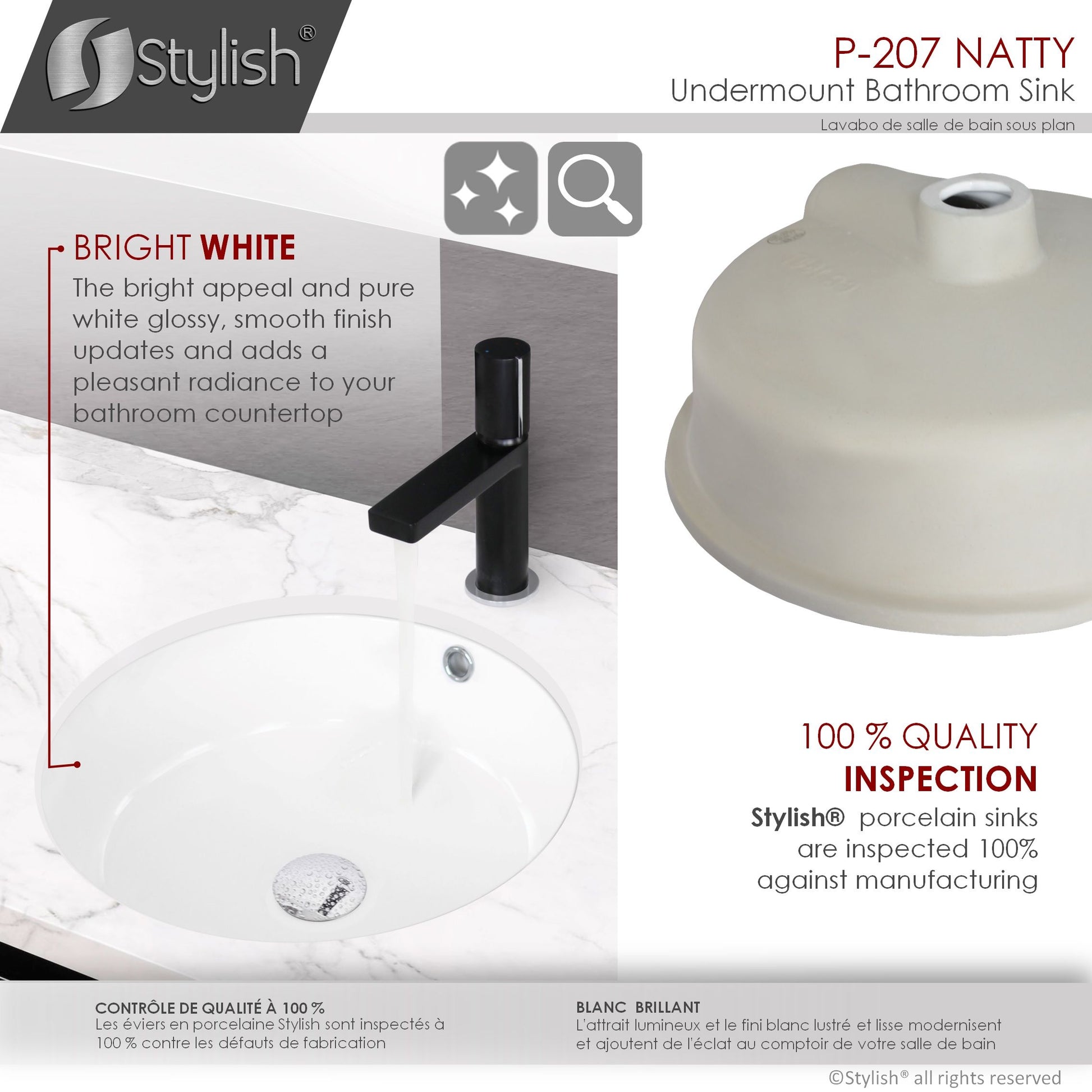Stylish Undermount 16" Porcelain Round Bathroom Sink with 2 Overflow Finishes P-207