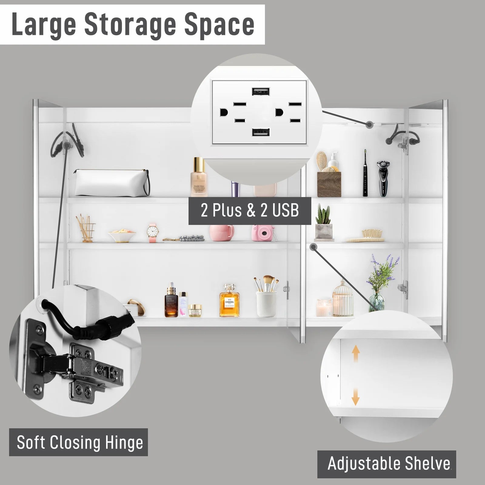 Ktaxon 48"x28" LED Bathroom Mirror Cabinet with Lights, Wall-Mounted Medicine w/Defogger, Dimmable, Memory function, Outlets & USB, White