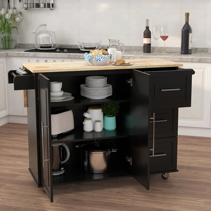Tcbosik Kitchen Cart Rolling Storage Islands on wheels, Kitchen Cart with Drawers, Spice Rack, Towel Rack, Extensible Solid Wood Table Top, Black