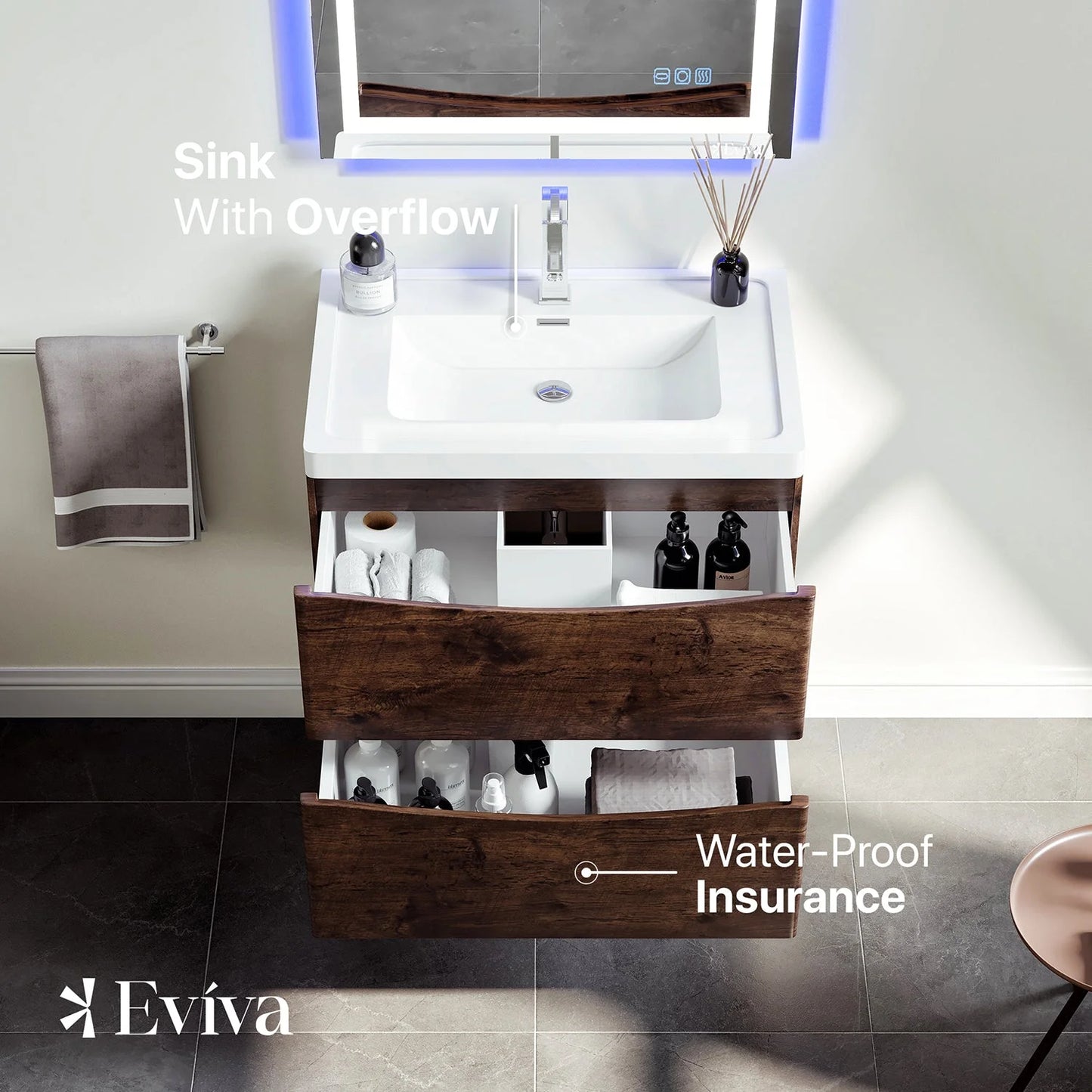 Eviva Smile 30" White Oak Wall Mount Modern Bathroom Vanity w/White Integrated Top