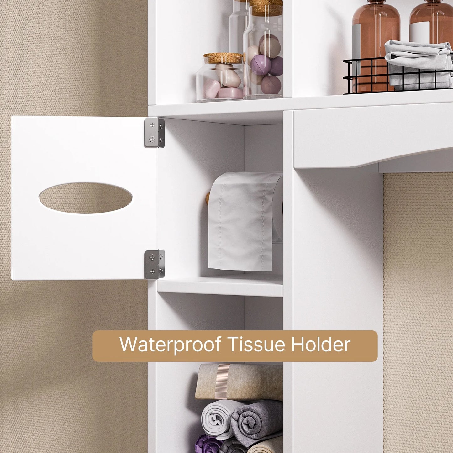 Over the Toilet Storage Cabinet , Bathroom Cabinet with 6 Open Shelves & Waterproof Tissue Holder - Upgraded White