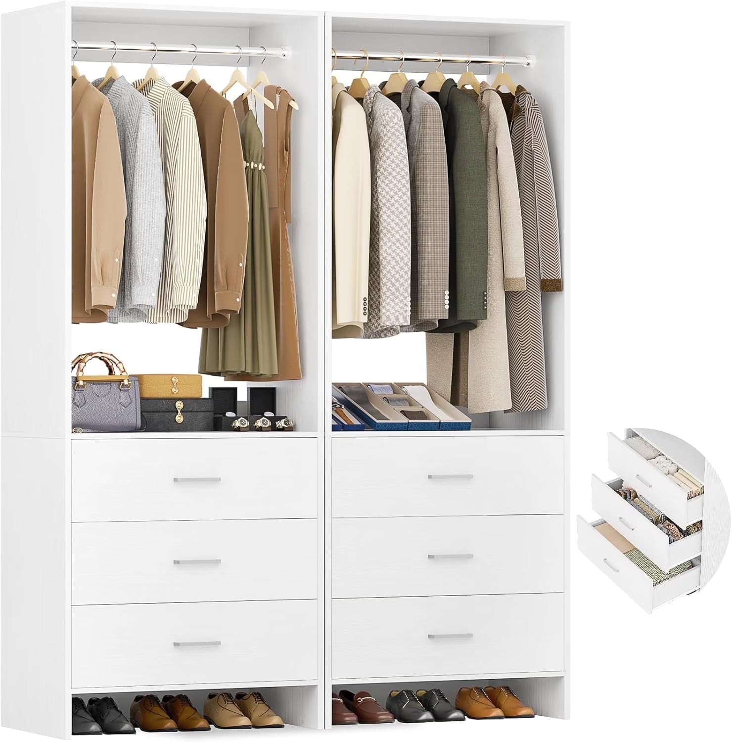 Homieasy Closet System Closet Organizer, Wood Closet Organizer System, Walk-in Closet or Small Closets Wardrobe, Clothes Rack with Hanging Rods, 4FT Closets, Set of 2, White Oak