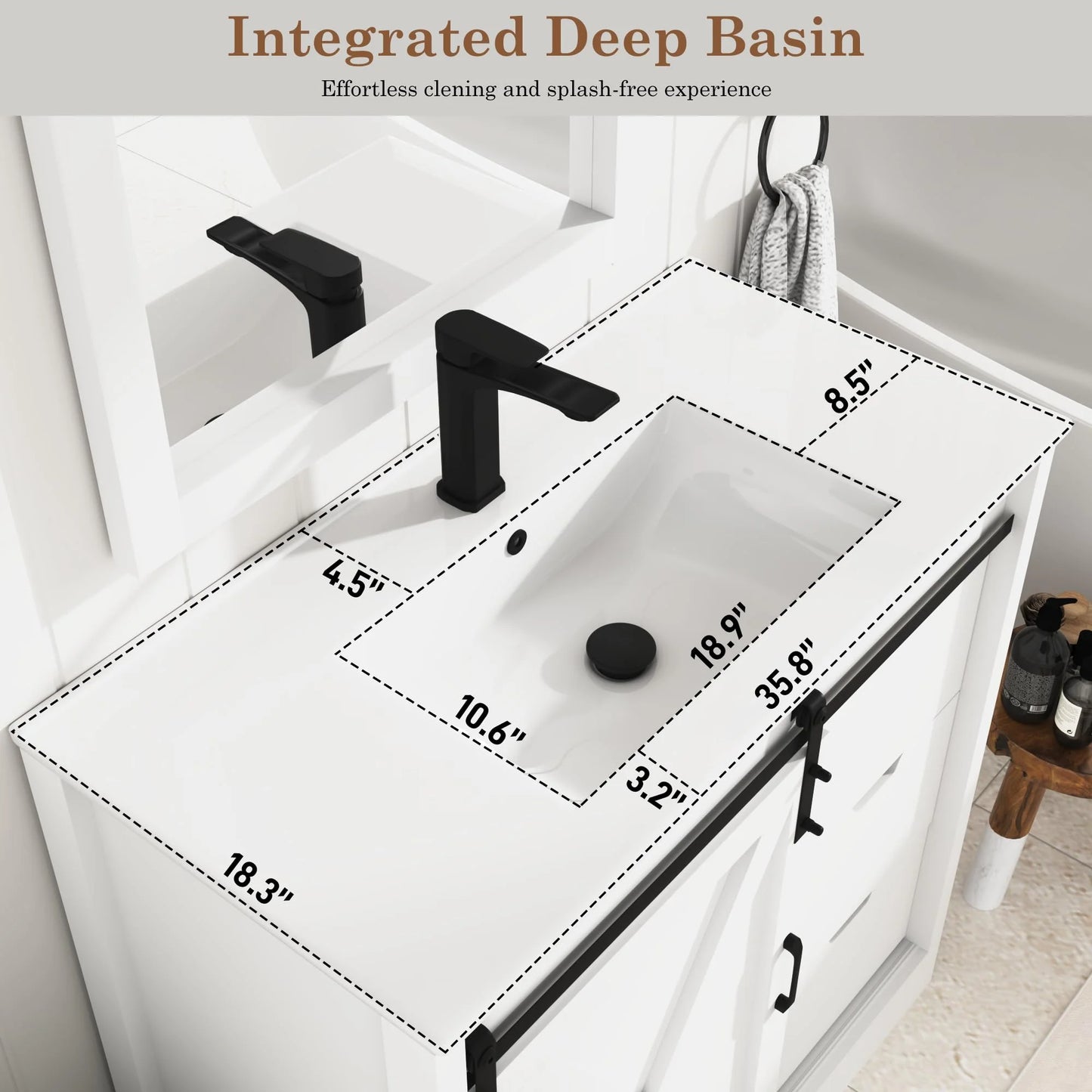 Blotout 36" Bathroom Vanity with Sink & Faucet & Mirror, Farmhouse Bathroom Vanity Cabinet Set with Sliding Barn Door & 3 Drawers, Freestanding Single Bath Storage Vanity Ceramic Sink, White
