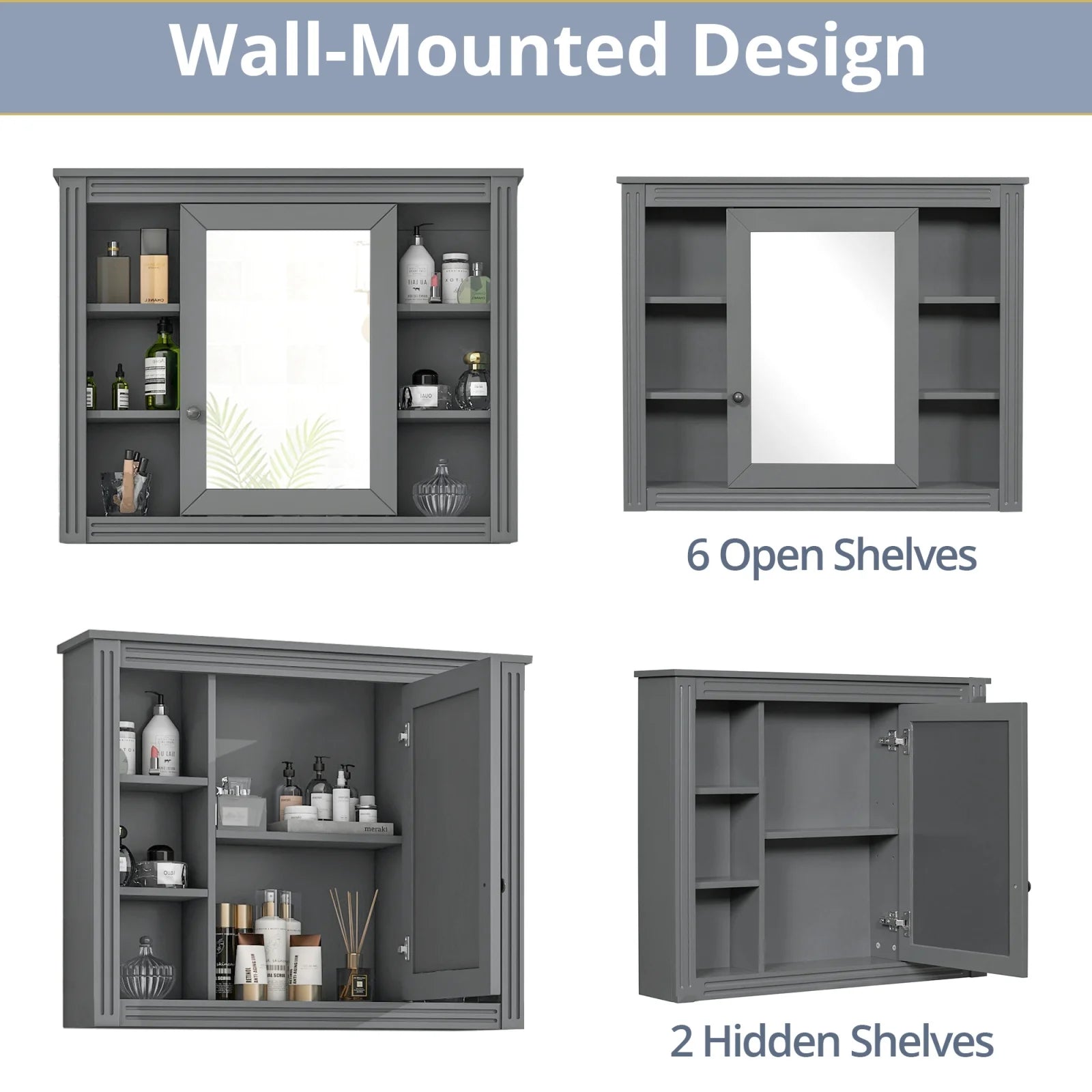 36" Bathroom Vanity Set with Resin Sink and Wall Mounted Mirror Cabinet, Modern Freestanding Single Cabinet Combo with Storage Shelves & 2 Drawers & 2 Soft Closing Doors, Vintage Handles, Gray