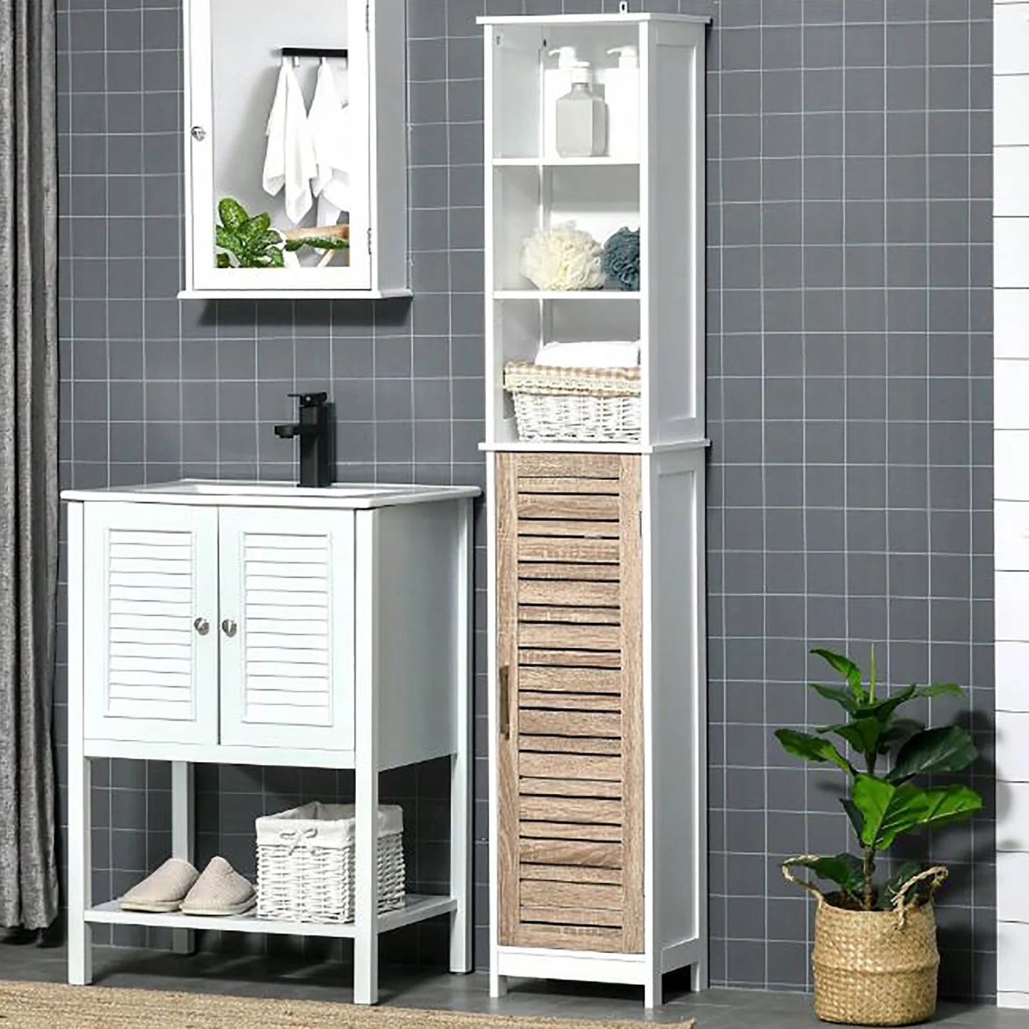 Tall Bathroom Storage Cabinet with Open Shelves and Vented Door, Slim Linen Cabinet for Compact Bathroom Organization, White and Oak Finish - Stockholm Collection