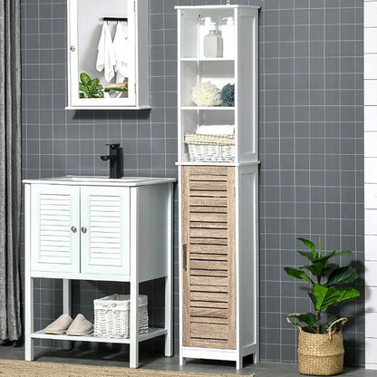Tall Bathroom Storage Cabinet with Open Shelves and Vented Door, Slim Linen Cabinet for Compact Bathroom Organization, White and Oak Finish - Stockholm Collection
