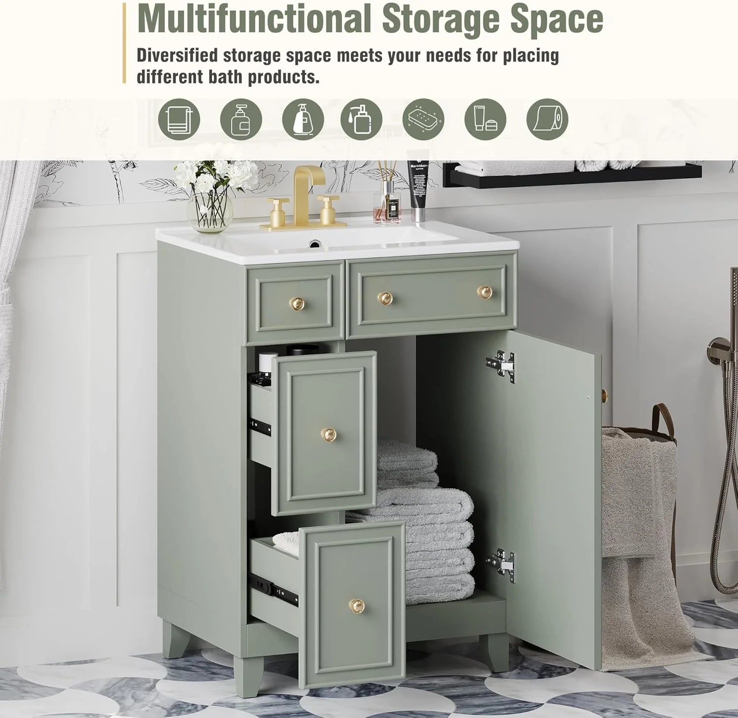 24-Inch Bathroom Vanity Cabinet with Ceramic Sink, 2 Drawers, 1 Door, Light Green