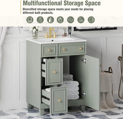 24-Inch Bathroom Vanity Cabinet with Ceramic Sink, 2 Drawers, 1 Door, Light Green