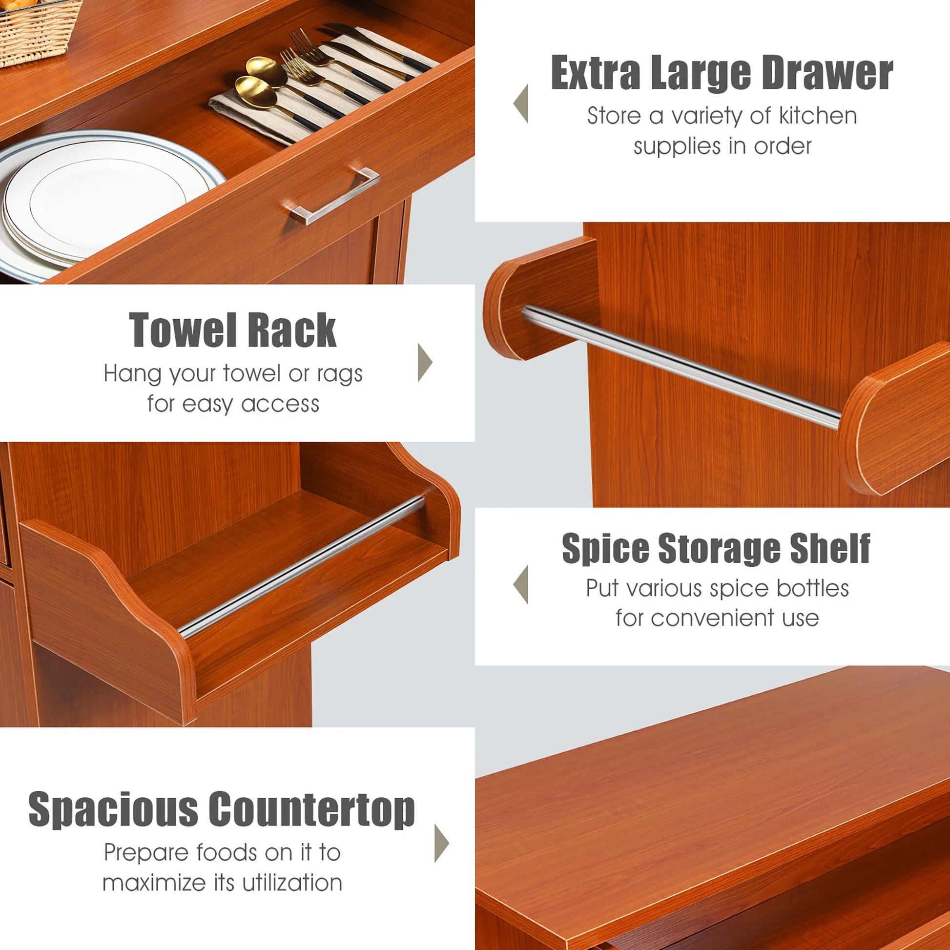 Costway Rolling Kitchen Island Cart Storage Cabinet w/Towel & Spice Rack Cherry