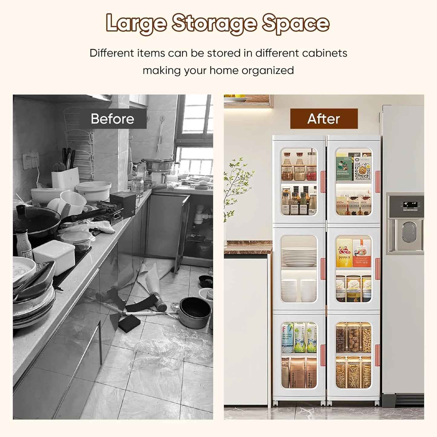 Slim Kitchen Pantry Storage Cabinet with Doors and Shelves, 3-Tiers Plastic Narrow Storage Organizer Collapsible for Small Spaces, Bathroom, Living Room, Bedroom, White
