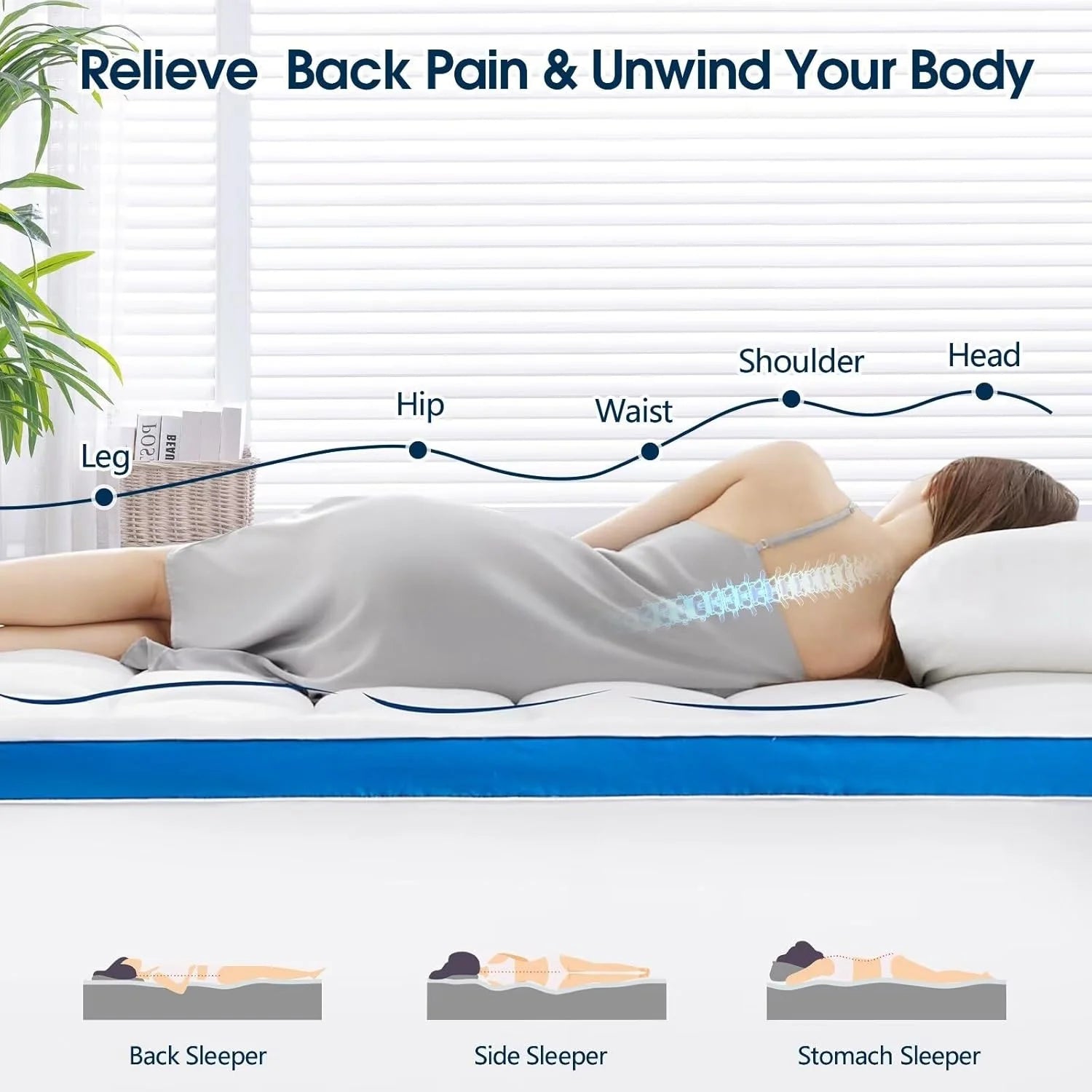 Mattress Topper Short Queen Size, PillowTop Mattress Pad Cover for Bed Back Pain, Cooling Mattress Protector Extra Thick Firm Soft Floor Fill Overfilled with 8-21 Inch Deep Pocket, 60"x75"Navy