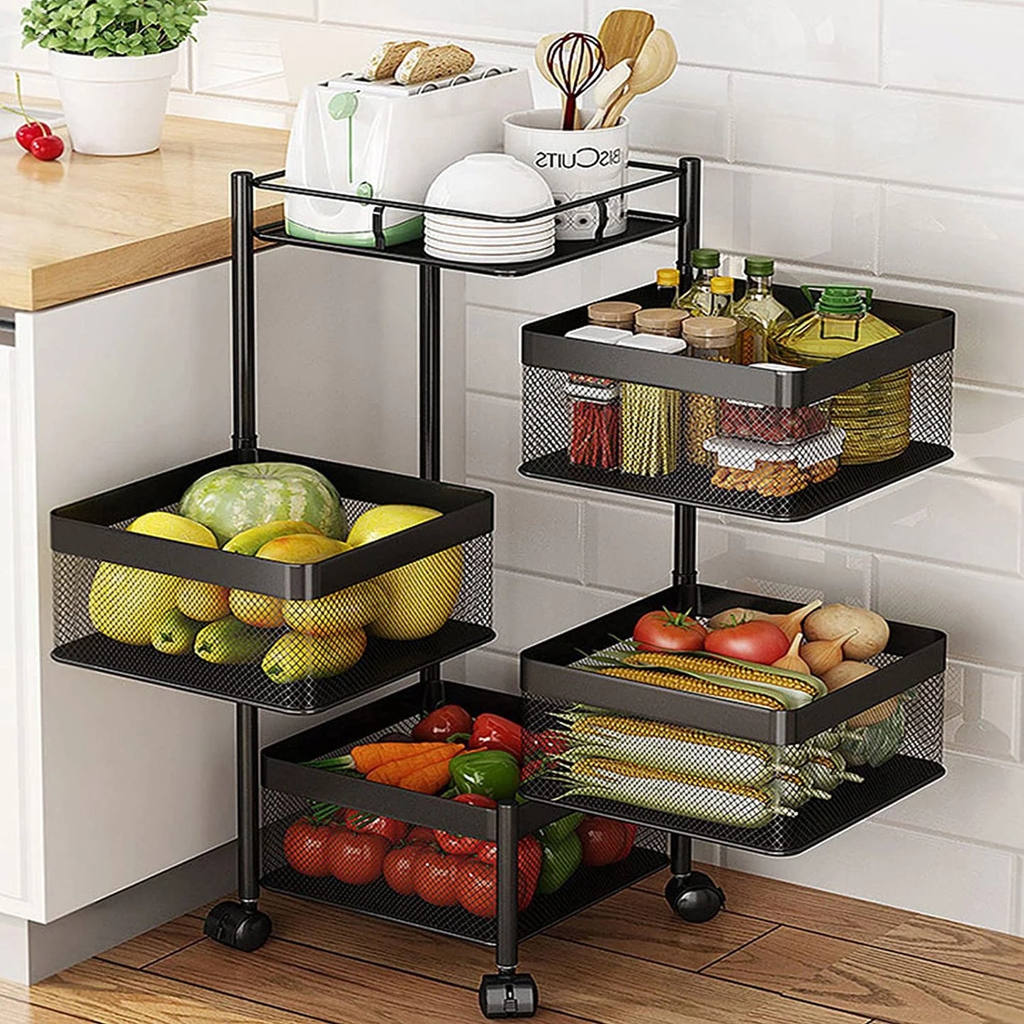 MONIPA 4 Tier Rotatable Baskets Storage Rack,Black Baskets Shelf 360° Ratate,Large Capacity Storage Trolley with 4 Wheels for kitchen,Bathroom,Living room (Square)