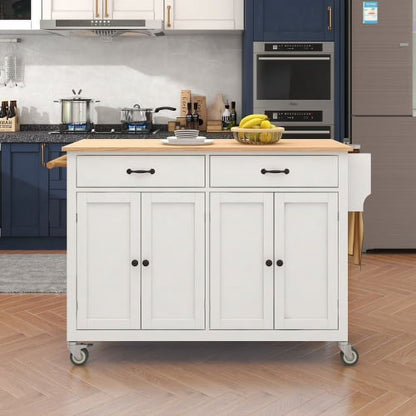 Harper & Bright Designs Rolling Kitchen Island Cart with Solid Wood Top and Locking Wheels, 4 Door, Storage Cabinet and Two DrawersSpice Towel Rack, Blue