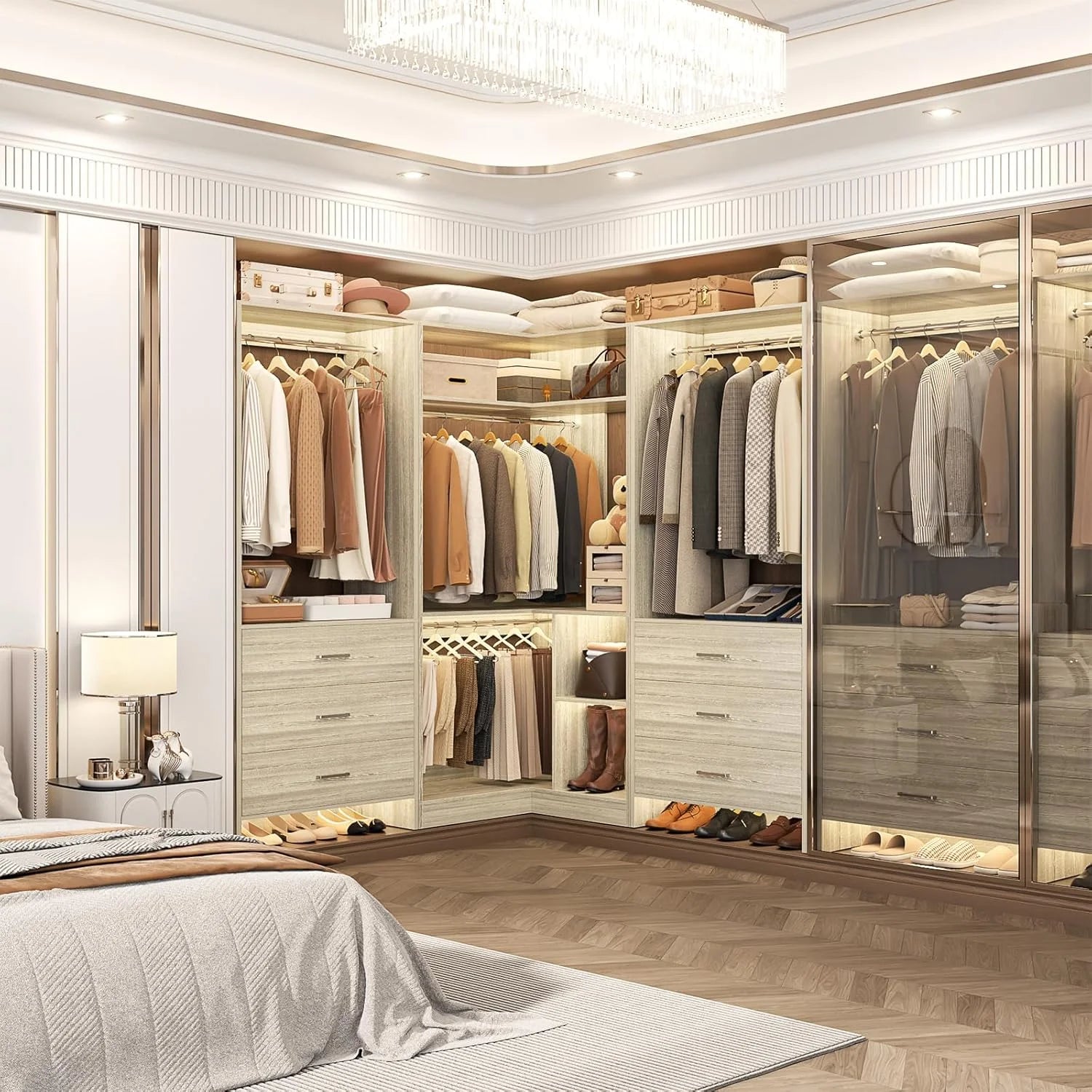 Homieasy Closet System Closet Organizer, Wood Closet Organizer System, Walk-in Closet or Small Closets Wardrobe, Clothes Rack with Hanging Rods, 4FT Closets, Set of 2, White Oak