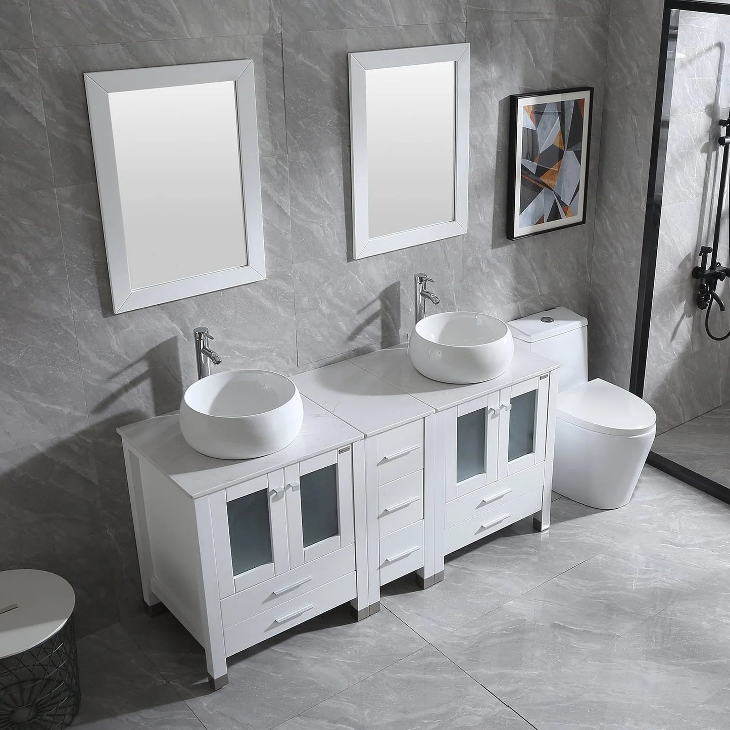 Wonline 60" Bathroom Vanity Wood Cabinet Double Ceramic Sink w/Mirror White