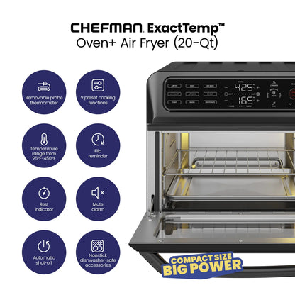 Chefman 12-in-1 Air Fryer Oven Combo w/Probe Thermometer, 20 qt Capacity, Black Stainless Steel