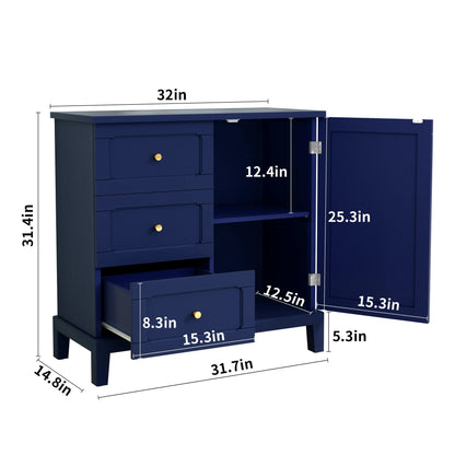 CBJCBJ 31.7"Storage Cabinet, Classical 3 Drawers & 1 Door Design with Gold-Tone Handles, Multi-Use Organizer for Living Room, Kitchen, BathroomBLUE)
