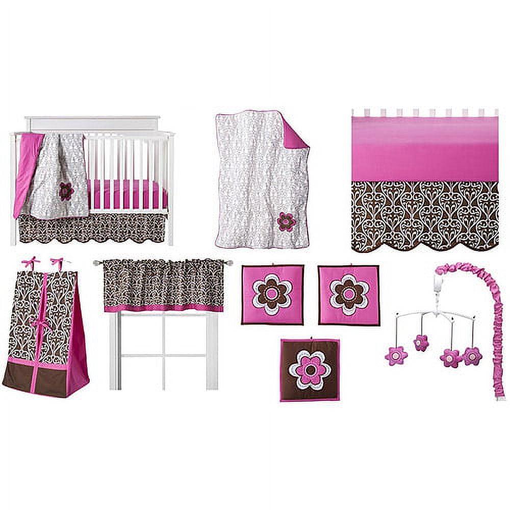 Bacati - Floral Damask Pink/Chocolate Girls 10-Piece Nursery-in-a-Bag Crib Bedding Set 100 % Cotton Percale