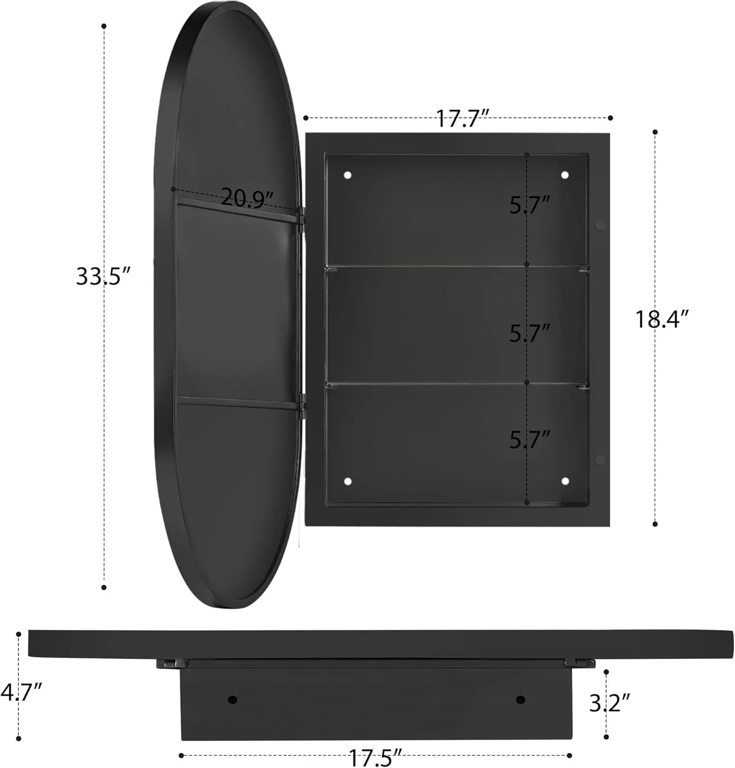 SogesHome Medicine Cabinet with Mirror, 21x34 Oval Mirror Cabinet, Wall Mount Recess Bathroom Vanity Mirror with Storage with 2 Adjustable Shelves, Perfect for Bathroom, Black