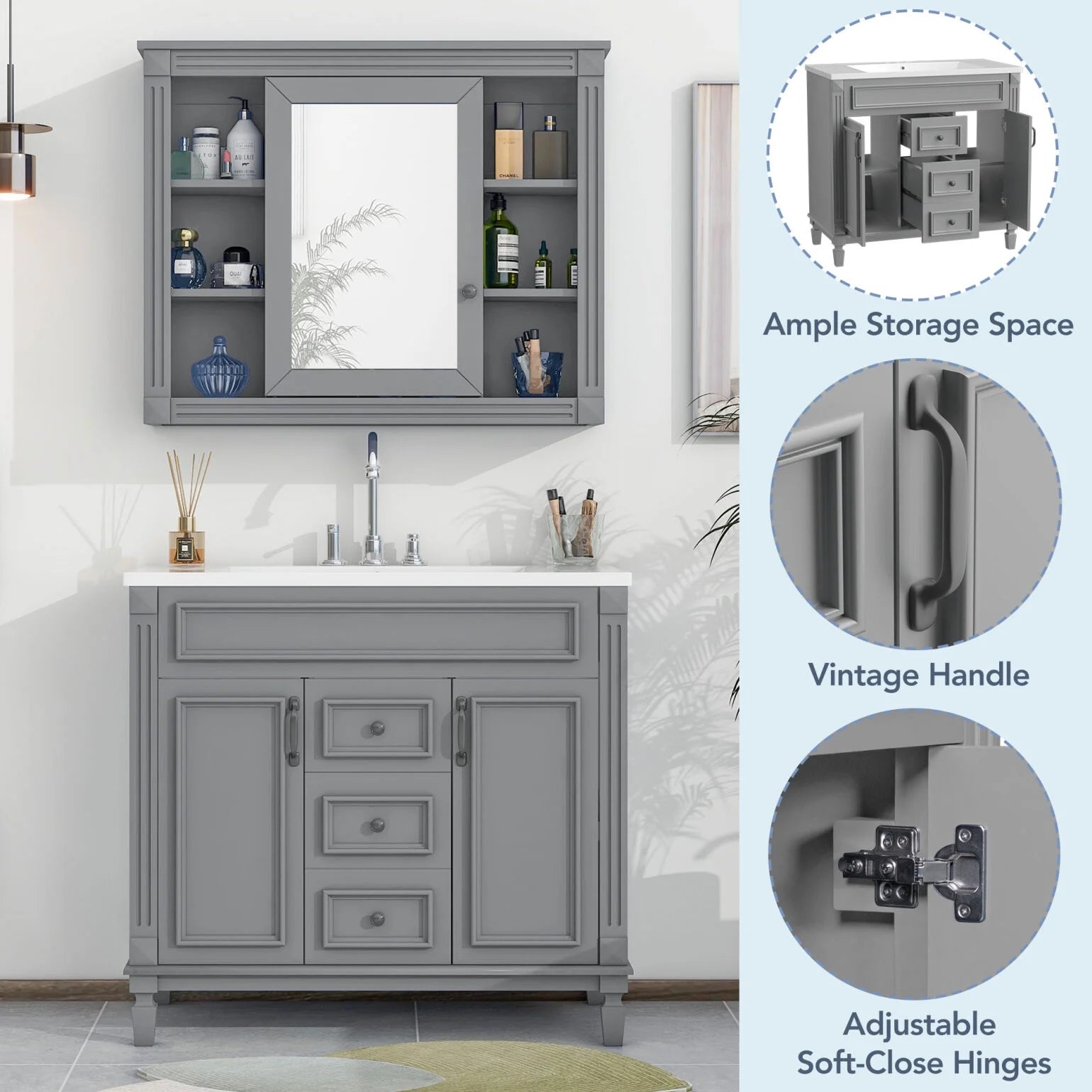 Modern Bathroom Furniture Set, 36" Bathroom Vanity with Top Sink, 35" Wall Mounted Bathroom Storage Cabinet, Mirror Cabinet with 6 Shelves, Storage Cabinet with 2 Doors and 2 Drawers, Grey