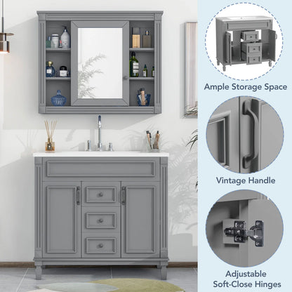 Modern Bathroom Furniture Set, 36" Bathroom Vanity with Top Sink, 35" Wall Mounted Bathroom Storage Cabinet, Mirror Cabinet with 6 Shelves, Storage Cabinet with 2 Doors and 2 Drawers, Grey
