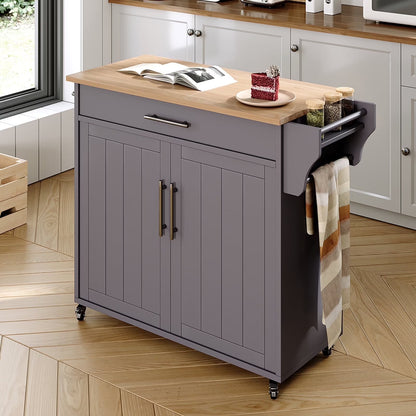 Pingliang Home Rolling Kitchen Storage Carts with Towel Rack and Drawers, Kitchen Island with Wheel,Rubberwood,White, 35"