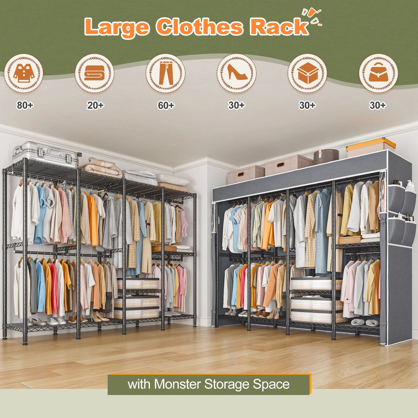 EnHomee 76"W Clothes Rack with Cover,1100LBS Heavy Duty Wardrobe Closet Organizer,Adjustable Portable ClosetBlack