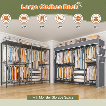 EnHomee 76"W Clothes Rack with Cover,1100LBS Heavy Duty Wardrobe Closet Organizer,Adjustable Portable ClosetBlack