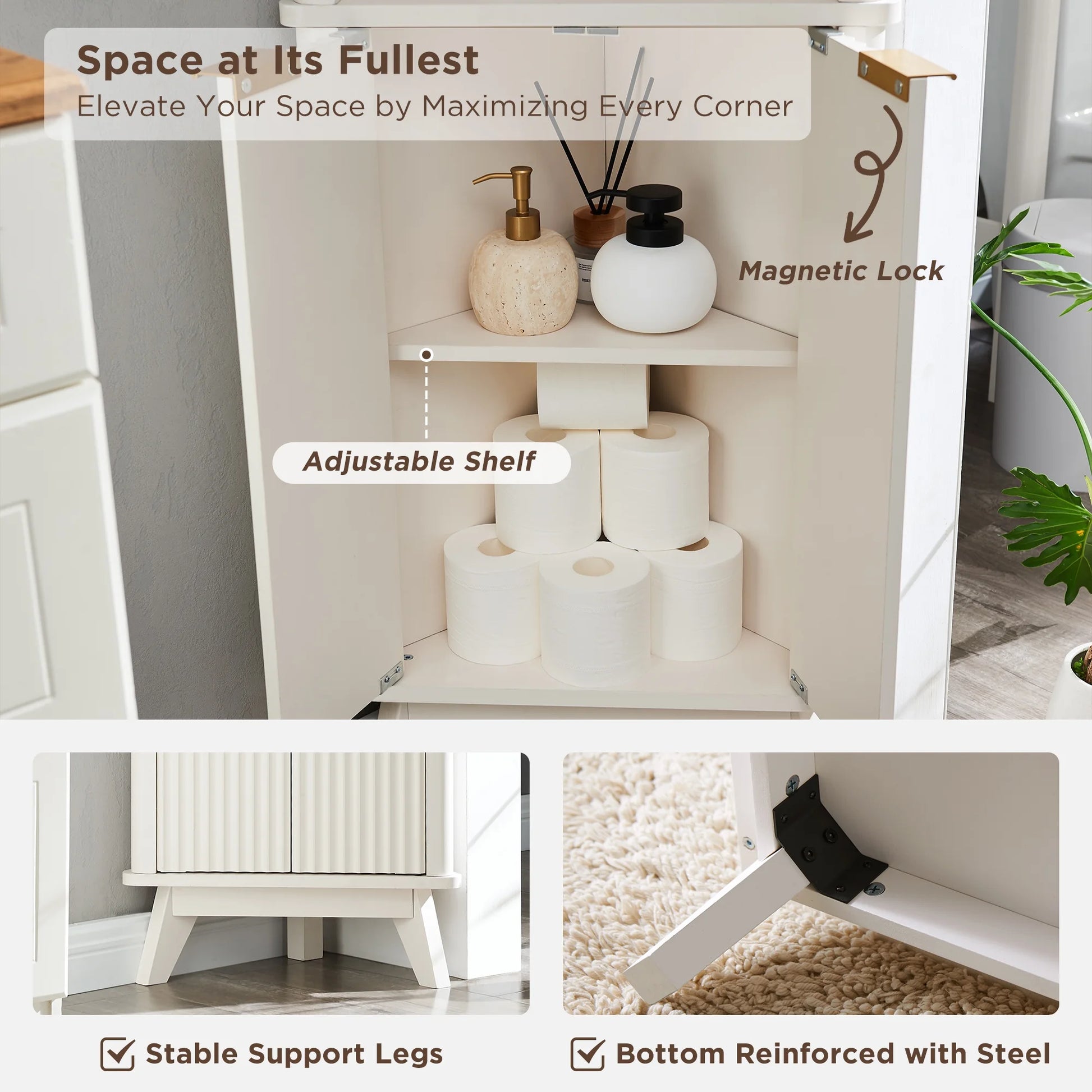OKD 68" Tall Corner Storage Cabinet with Faux Marble Top and Adjustable Shelves Modern Pantry Curved Profile Bookshelf for Bathroom Kitchen Living Room Dining Room, Off White