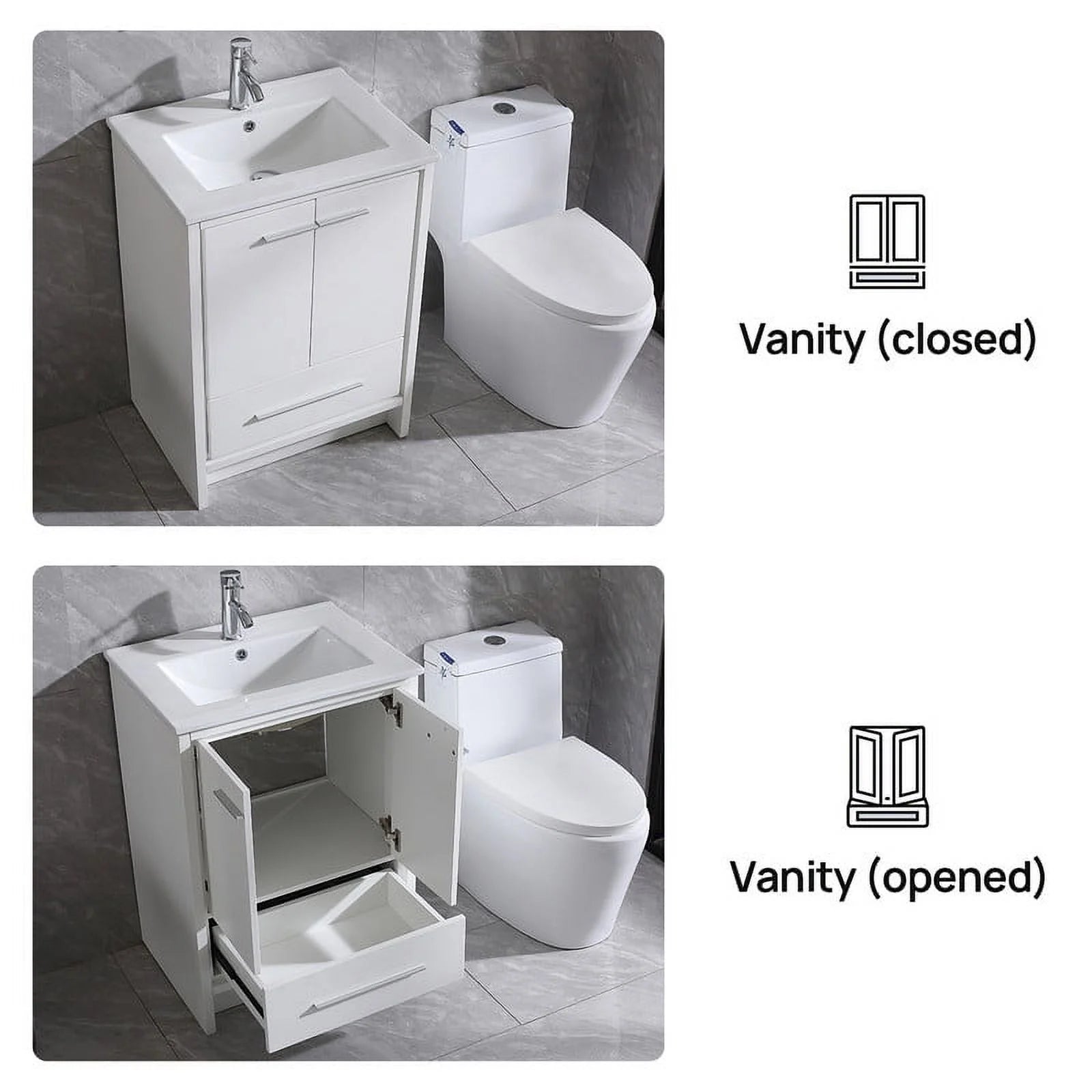 Walsport 24" Luxurious Bathroom Vanity with Ceramic Sink and Countertop and Mirror and Faucet,Double Door Stand Floor Cabinet Bathroom Storage Vanity with Pop Up Drain,White