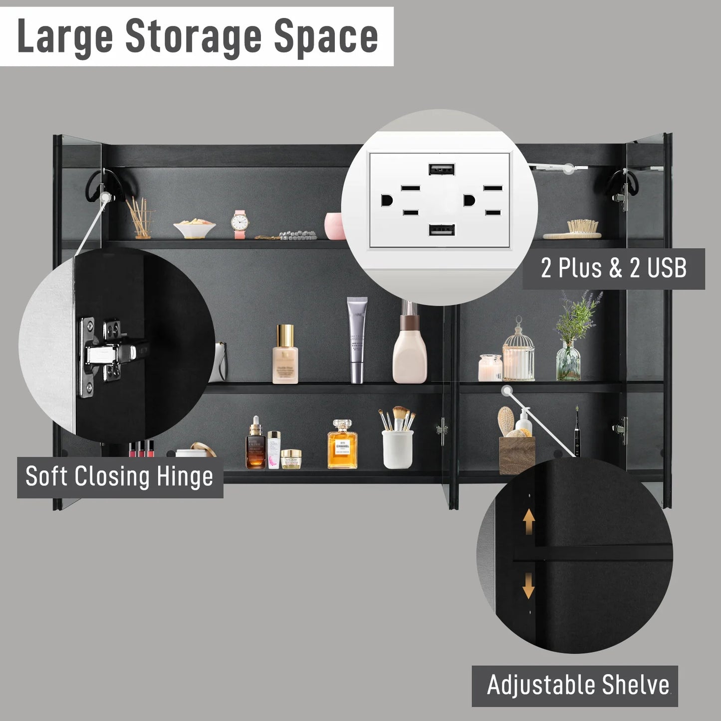 Ktaxon 48"x28" LED Bathroom Mirror Cabinet with Lights, Wall-Mounted Medicine w/Defogger, Dimmable, Memory function, Outlets & USB, White
