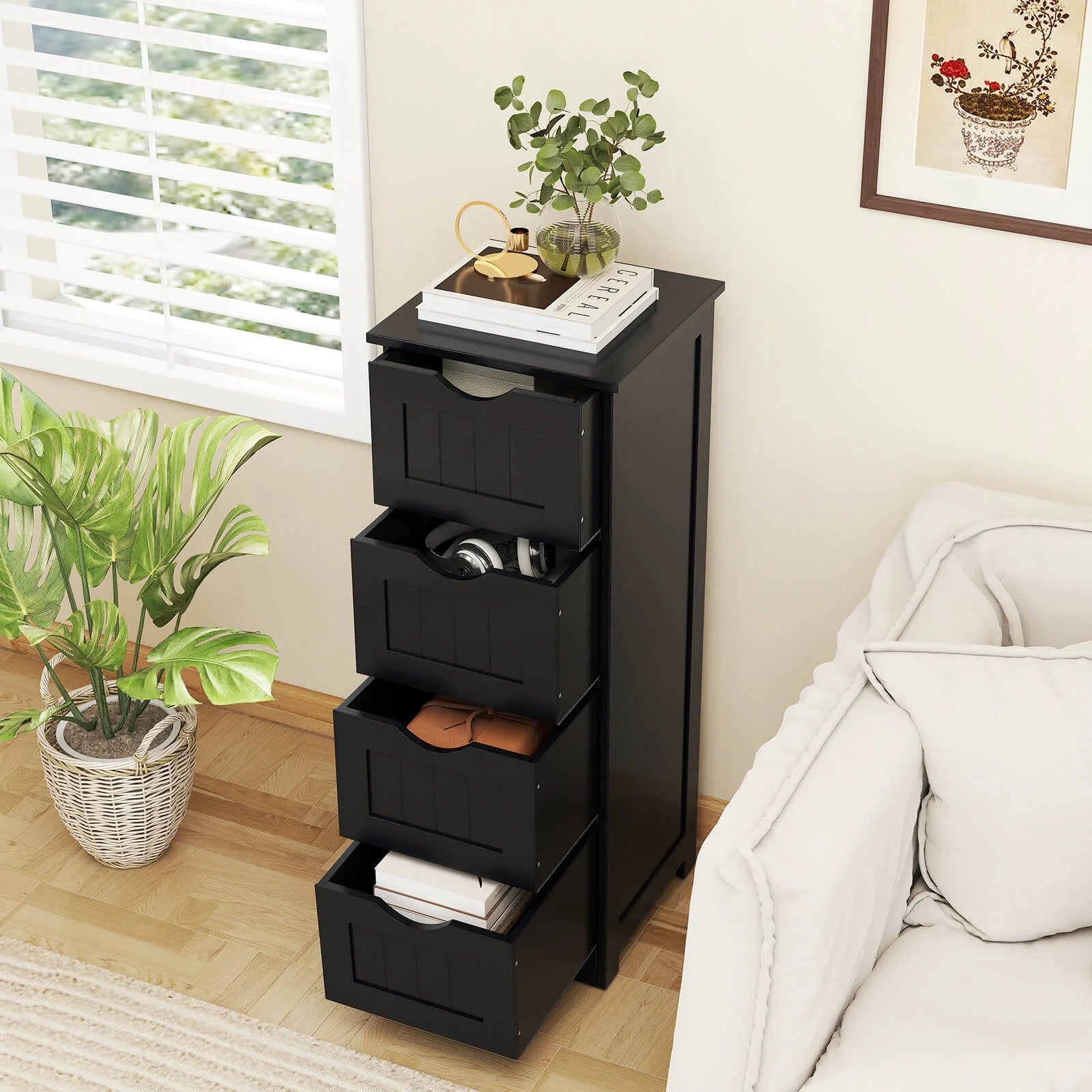 Costway 32.5'' Bathroom Floor Cabinet with Anti-tipping Device Freestanding Towel Cabinet Black