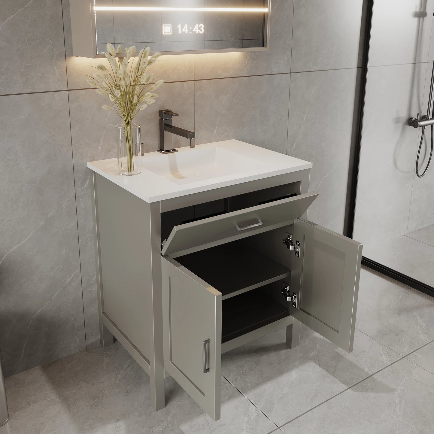 30" Grey Freestanding Bath Vanity Tip-Out Drawer Sink Cabinet Without Top