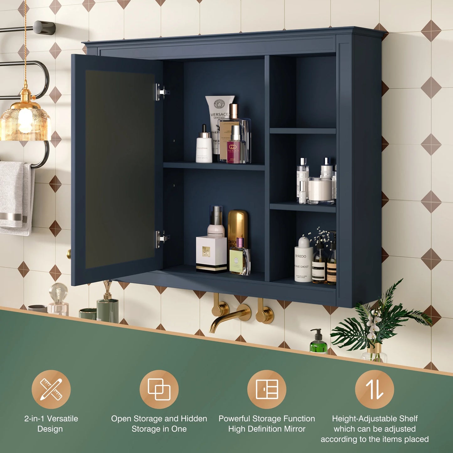 Euroco Wall Mounted Bathroom Mirror Cabinet Triple Door Vanity Storage with Concealed Shelves, Modern Design, Durable Construction, Easy Assembly