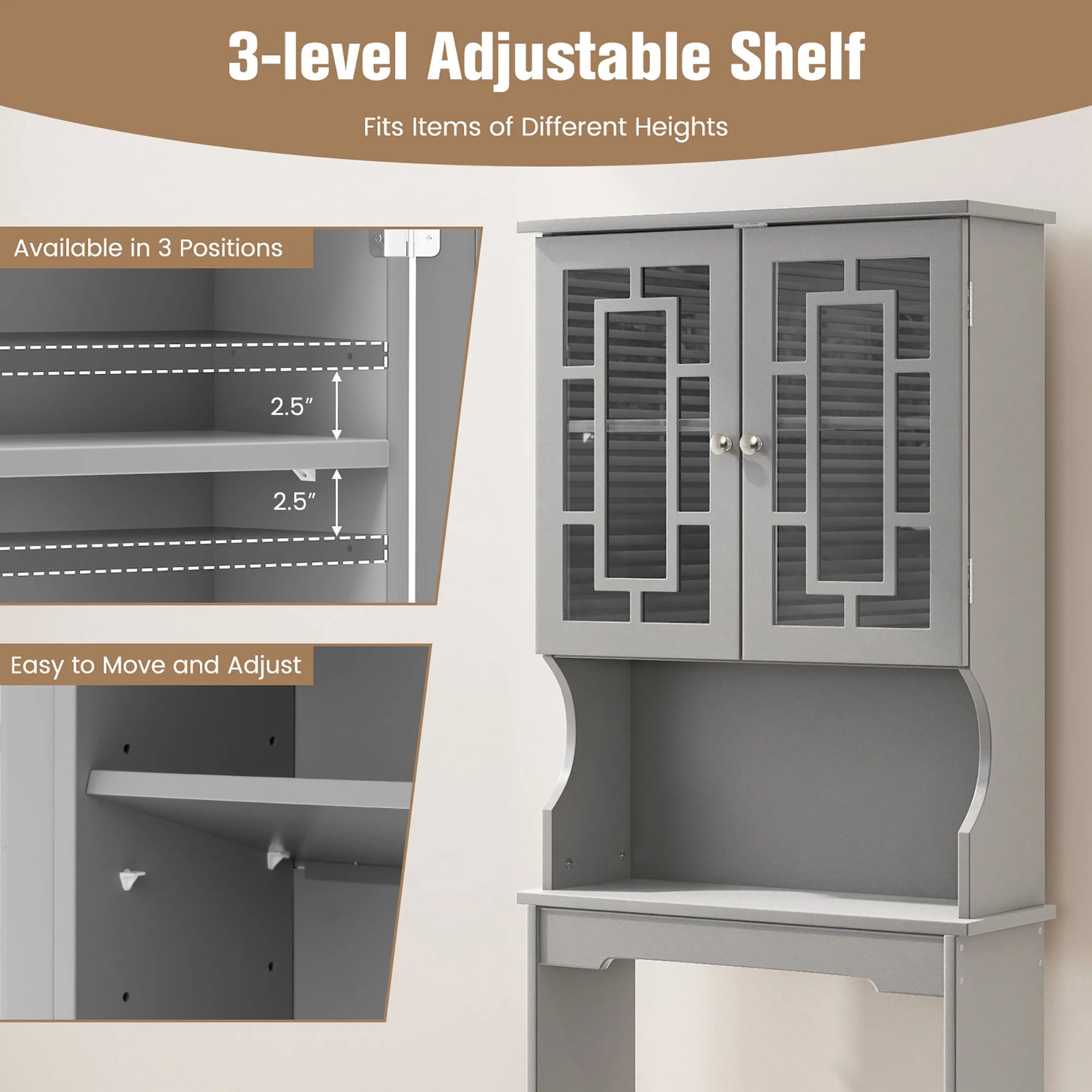 Gymax Grey Bathroom Over The Toilet Space Saver Storage Cabinet Organizer Shelf