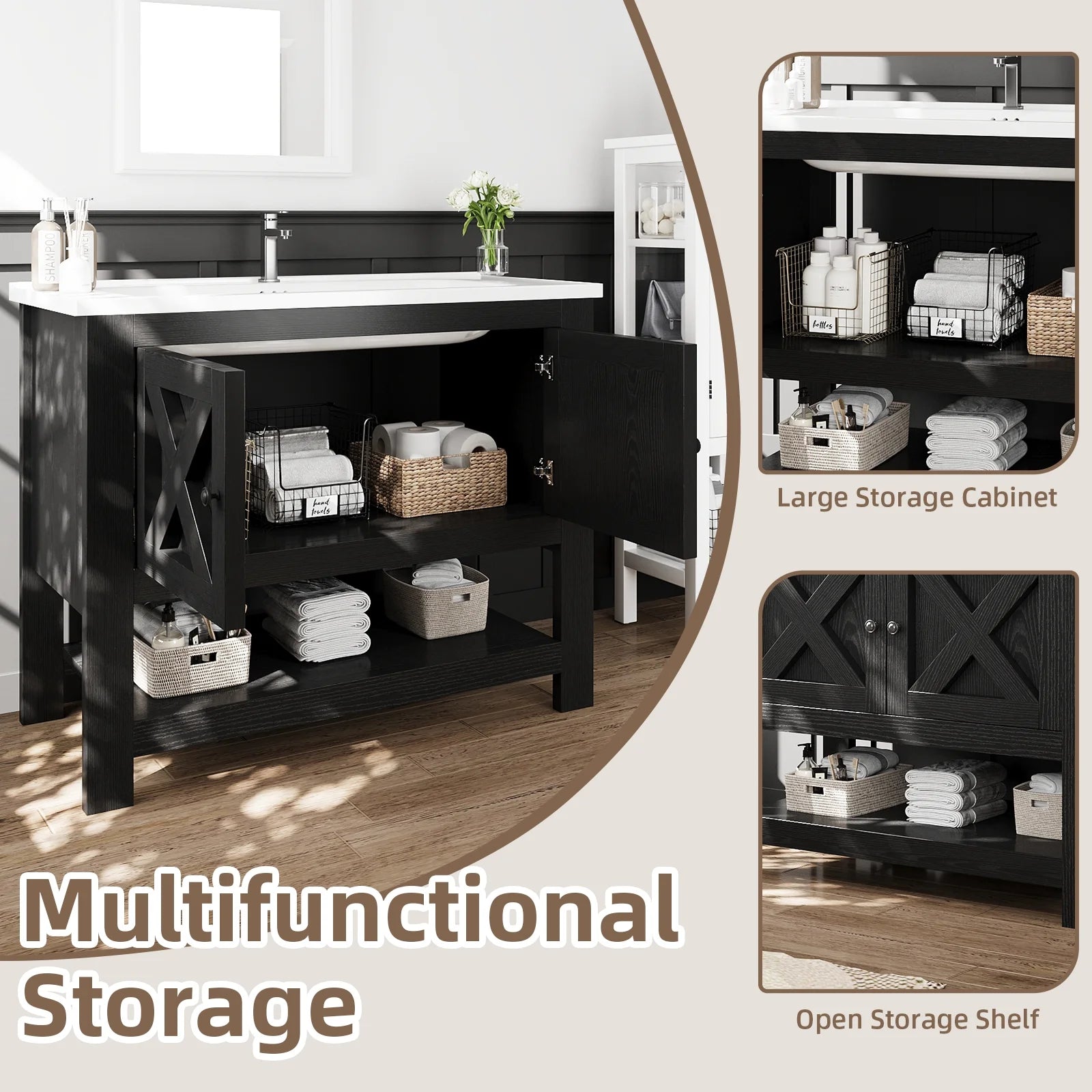 DreamCurship Bathroom Vanity with Sink Combo, 35'' Bathroom Storage Cabinet with Storage, Farmhouse Bathroom Vanity Cabinet with 2 Doors and Open Shelf, White