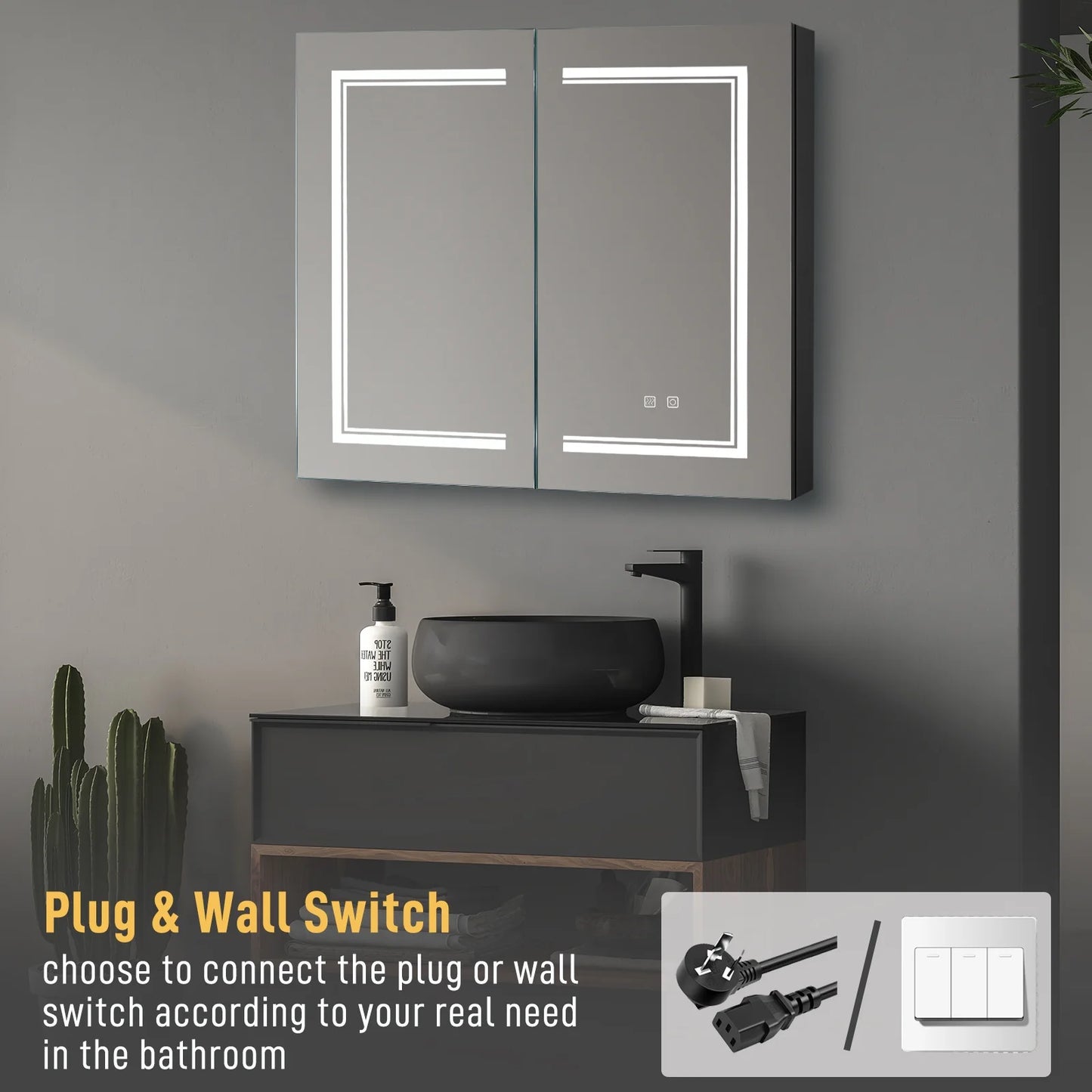 Ktaxon LED Lighted Medicine Cabinet with Mirror Bathroom Wall Cabinet w/Defogger, Dimmable, Memory function, Outlets & USB, 32"x28", Black