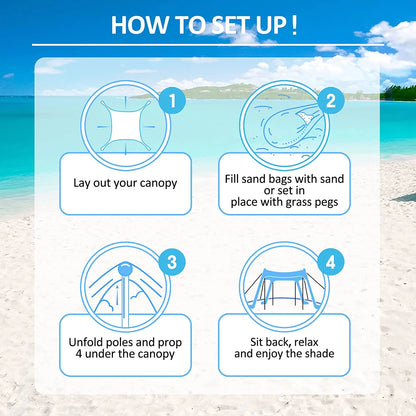 Beach Canopy Beach Tent 11X11 FT Include Beach Blanket Beach Shade Canopy UPF50+ Sun Protection Windproof Ropes 4 Poles Carry Bag Easy to Set Up for Outdoor Camping