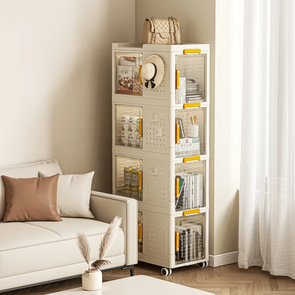4-Tier Narrow Rolling Storage Cart with 8 Doors & Movable Wheels - Compact Bathroom & Kitchen Organizer for Small Spaces, Cream