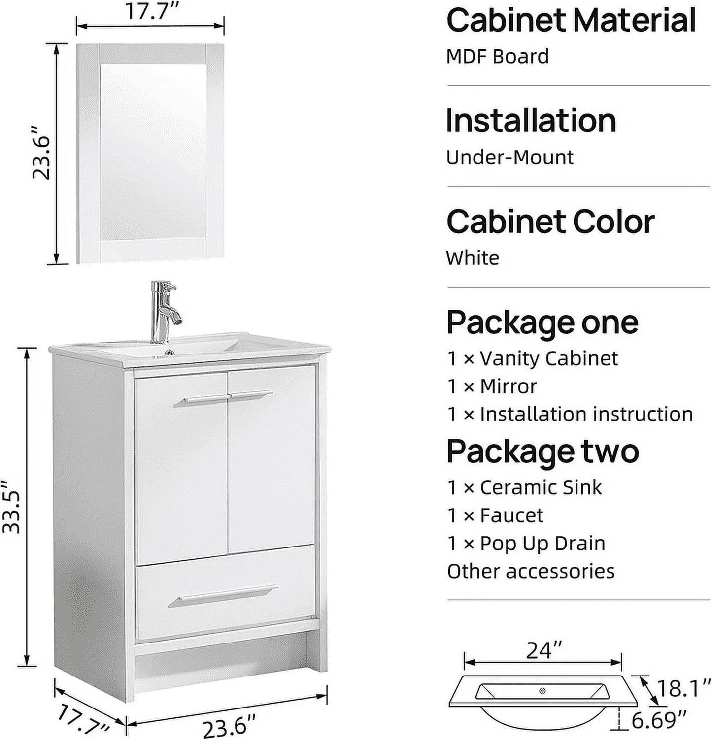 Walsport 24" Luxurious Bathroom Vanity with Ceramic Sink and Countertop and Mirror and Faucet,Double Door Stand Floor Cabinet Bathroom Storage Vanity with Pop Up Drain,White